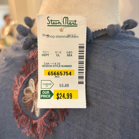 Do Everything In Love Blue Pom Pom Bohemian Duster Top Embroidered Floral OS - Picture 10 of 10